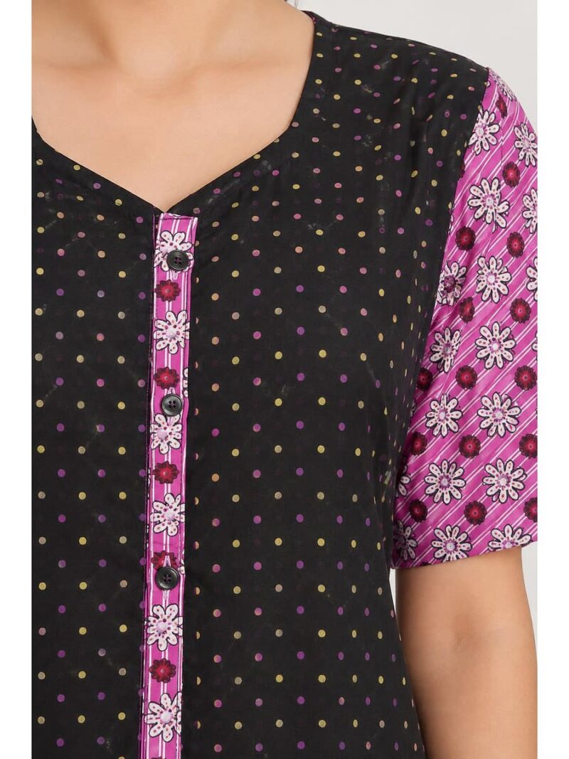 Women’s Front Full Open Cotton Nighty -Black & Pink