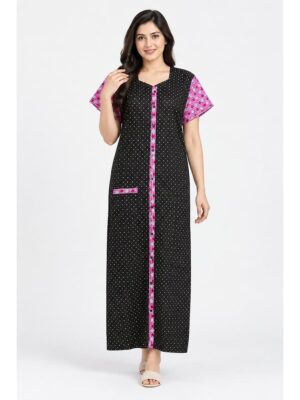 Women’s Front Full Open Cotton Nighty -Black & Pink