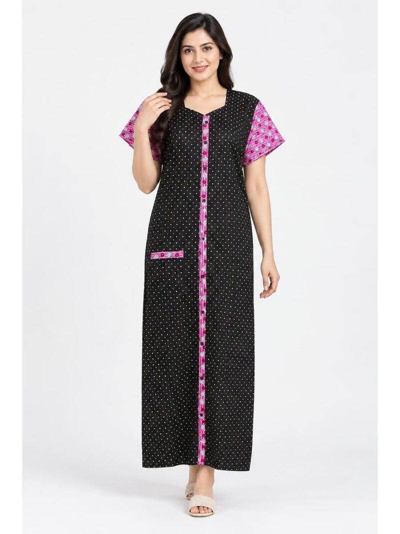 W-NY-541-03-BK-XXL_front Women’s Front Full Open Cotton Nighty -Black & Pink