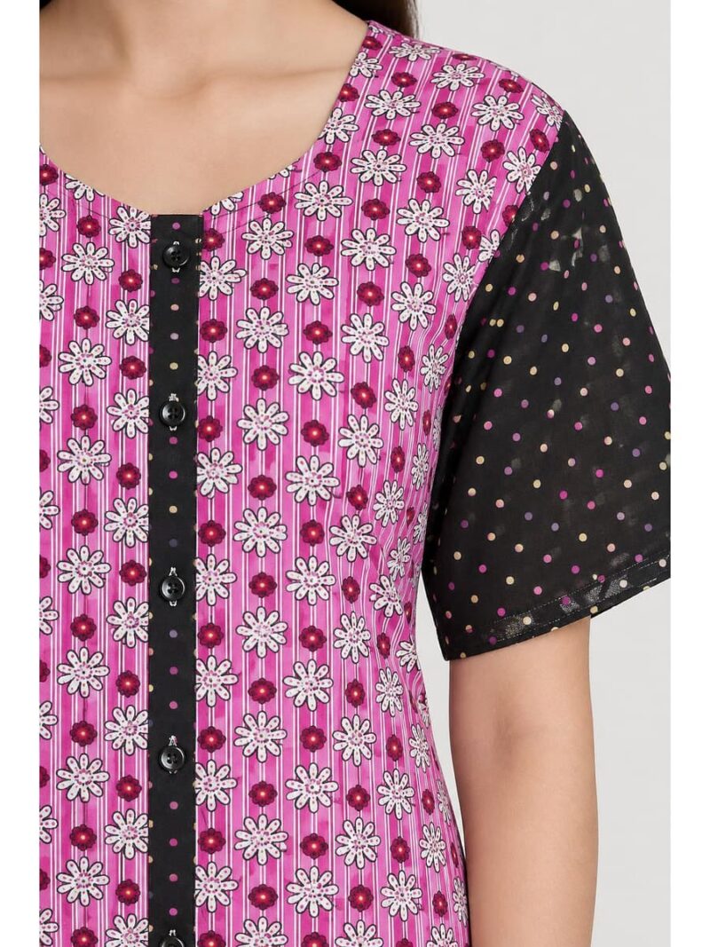 Women’s Front Full Open Cotton Nighty - Pink & Black