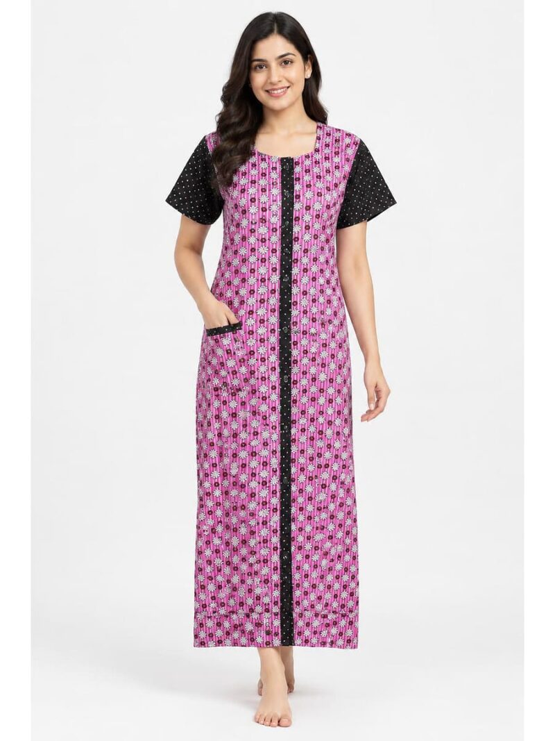 W-NY-541-04-PK-XXL_front Women’s Front Full Open Cotton Nighty - Pink & Black
