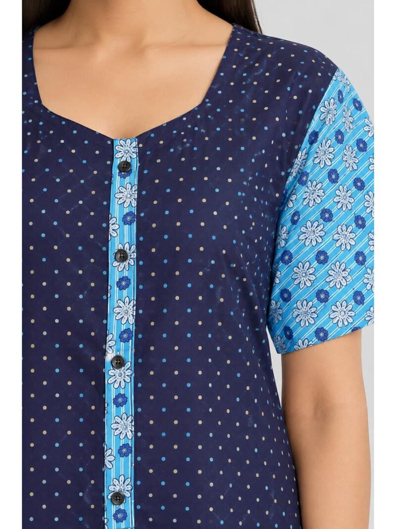 Women’s Front Full Open Cotton Nighty - Navy Blue & Sky Blue