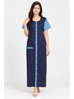 Women’s Front Full Open Cotton Nighty - Navy Blue & Sky Blue