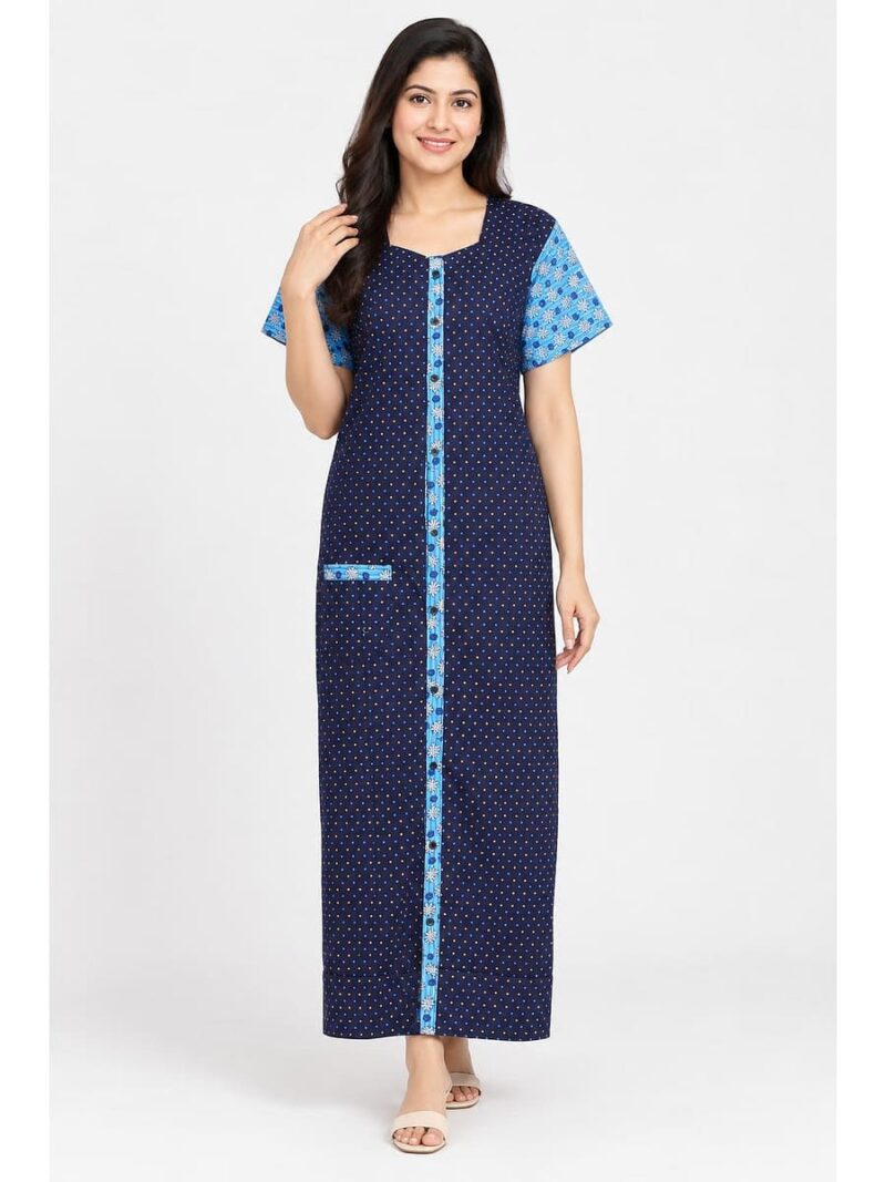 W-NY-541-05-NB-XXL_front Women’s Front Full Open Cotton Nighty - Navy Blue & Sky Blue