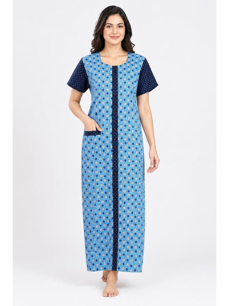 W-NY-541-06-SB-XXL_front Women’s Front Full Open Cotton Nighty - Sky Blue & Navy Blue