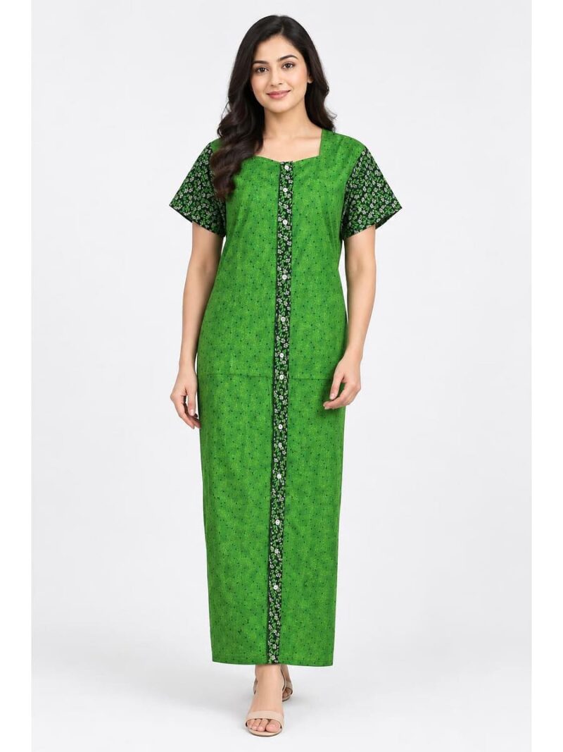 Women’s Full-Open Cotton Nighty - Green