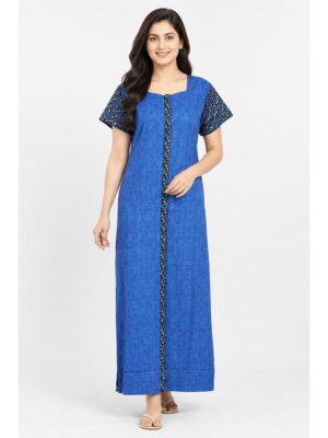 Women’s Full-Open Cotton Nighty - Blue
