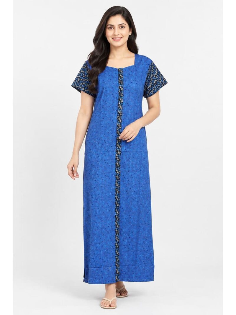 Women’s Full-Open Cotton Nighty - Blue