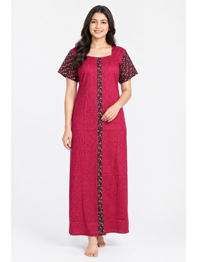 Women’s Full-Open Cotton Nighty - Raspberry
