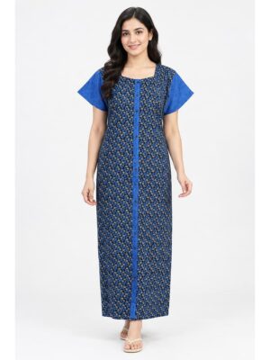 Women’s Full-Open Cotton Nighty - Blue