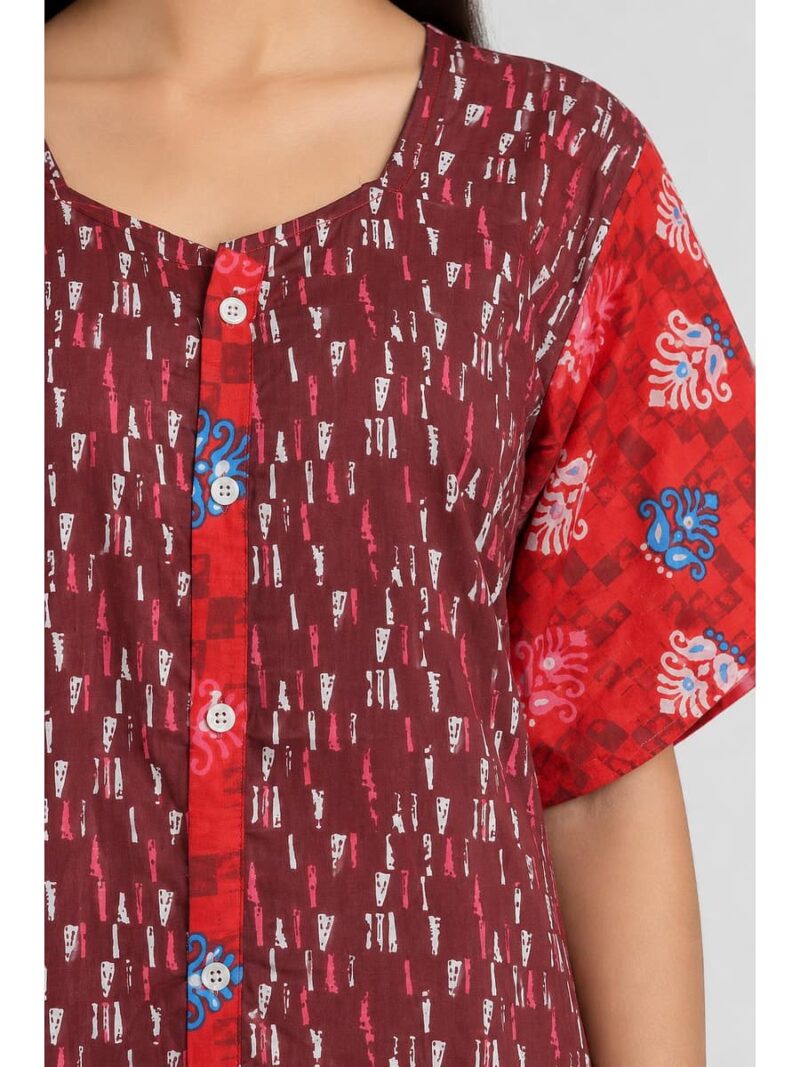 Women’s Full-Open Cotton Nighty - Maroon