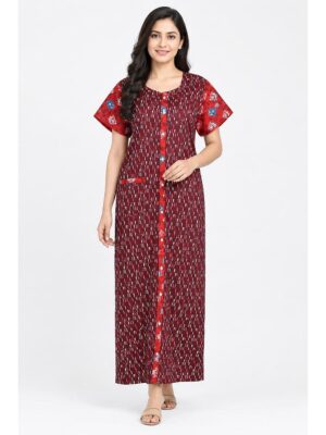 Women’s Full-Open Cotton Nighty - Maroon