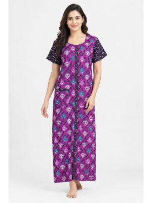 Women’s Full-Open Cotton Nighty -Cerise