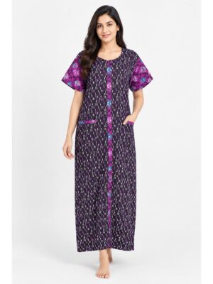 Women’s Full-Open Cotton Nighty - Purple 