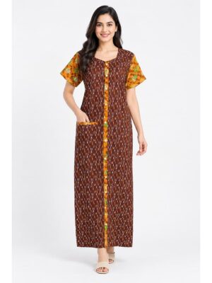 Women’s Full-Open Cotton Nighty - Brown