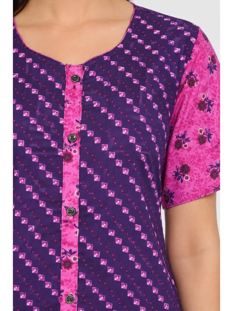 Women’s Full-Open Cotton Nighty - Purple