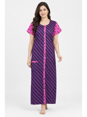 Women’s Full-Open Cotton Nighty - Purple