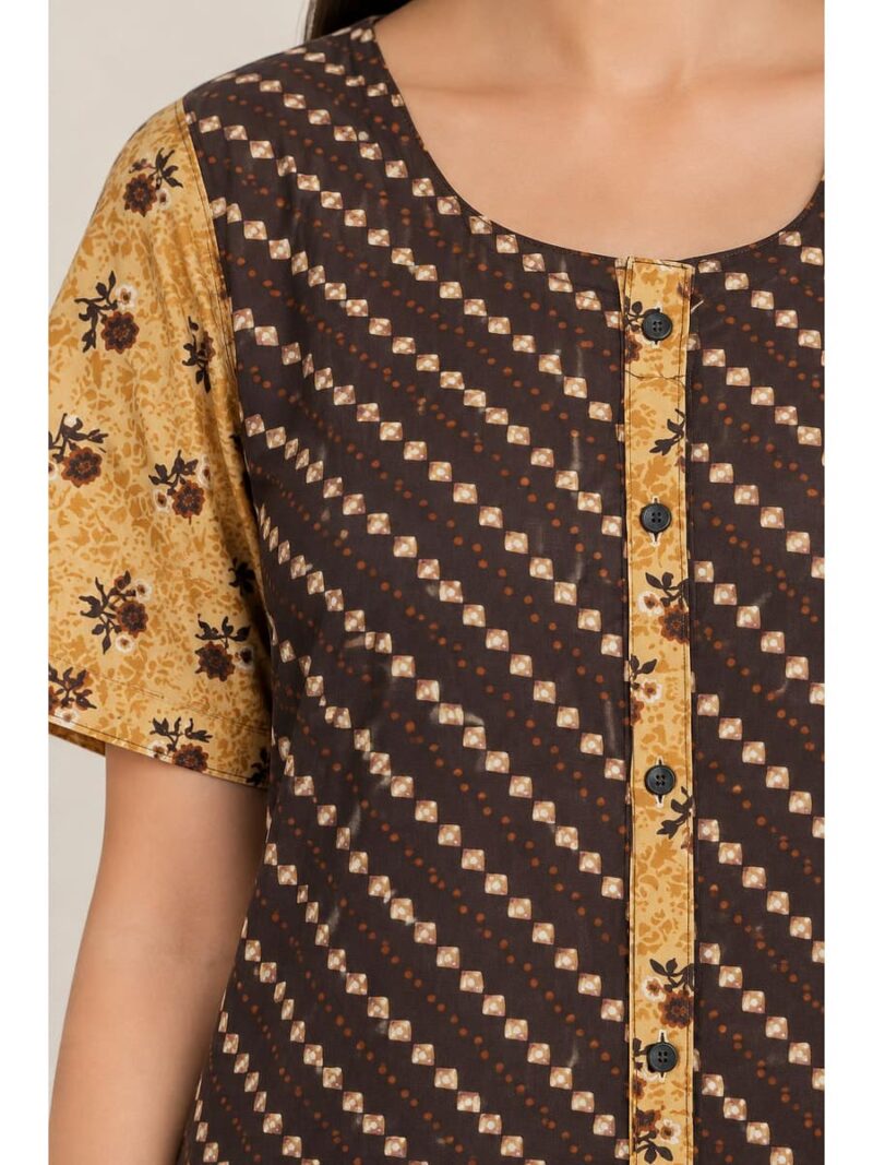 Women’s Full-Open Cotton Nighty - Coffee