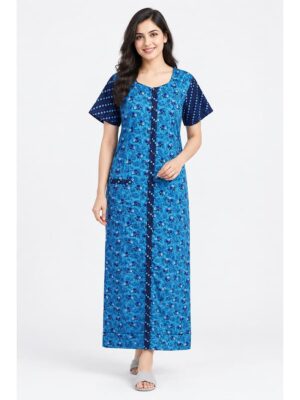 Women’s Full-Open Cotton Nighty - Blue