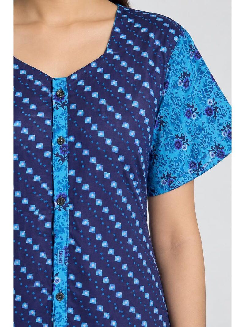 Women’s Full-Open Cotton Nighty - Navy Blue