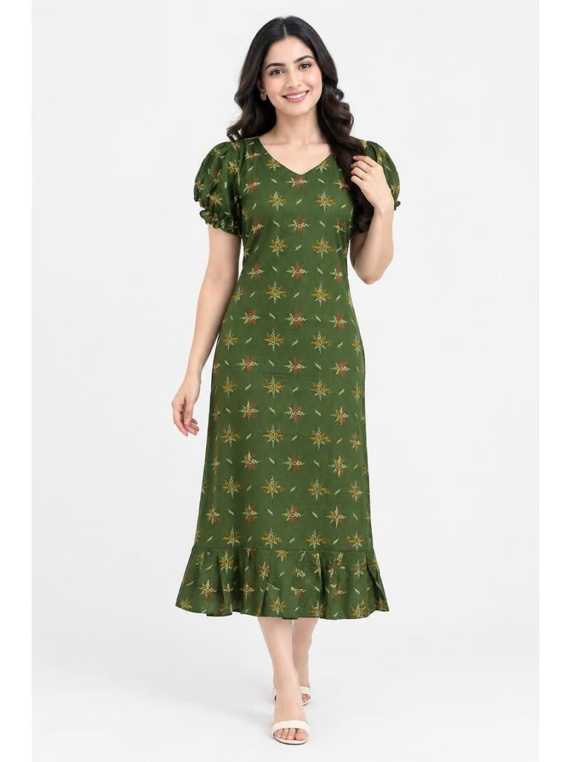 W-NY-546-02-OG-L_front Women's Cotton Frock Nighty - Olive Green