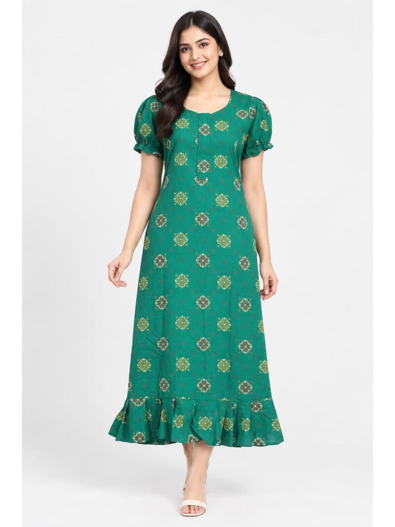 W-NY-546-16-GR-L_front Women's Cotton Zip Frock Nighty - Green