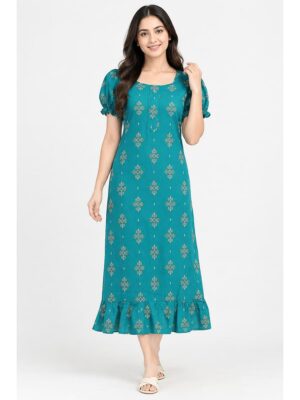 Women's Cotton Zip Frock Nighty - Blue