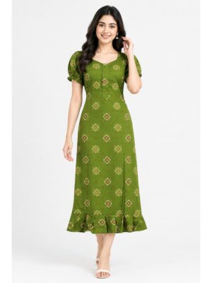 Women's Cotton Zip Frock Nighty - Olive Green