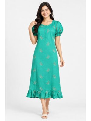 Women's Cotton Zip Frock Nighty - Turquoise