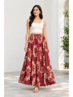 Women's Satin Floral Flared Skirt - Maroon