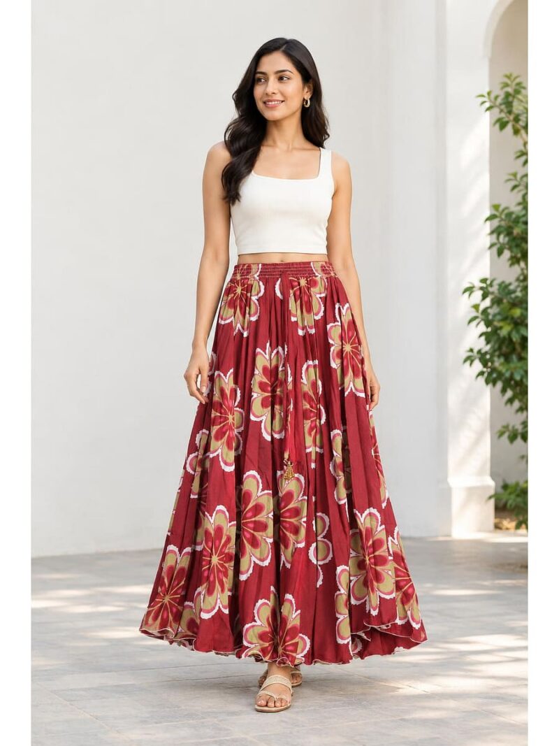 Women's Satin Floral Flared Skirt - Maroon
