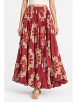 Women's Satin Floral Flared Skirt - Maroon