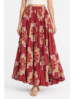Women's Satin Floral Flared Skirt - Maroon