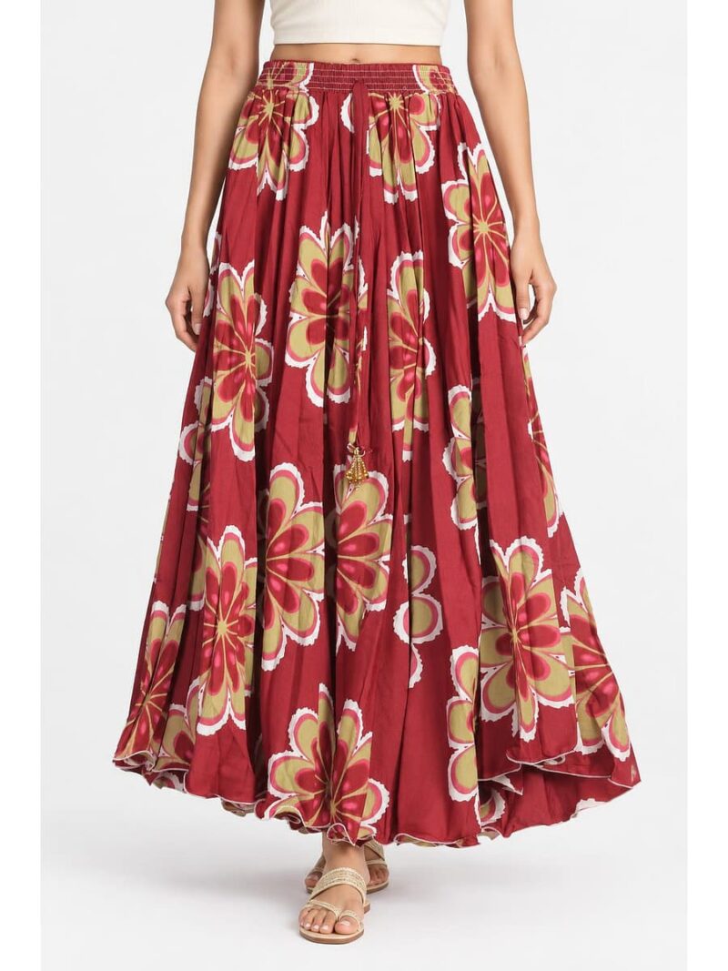 Women's Satin Floral Flared Skirt - Maroon