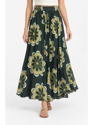 Women's Satin Floral Flared Skirt - Green