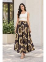 Women's Satin Floral Flared Skirt - Coffee