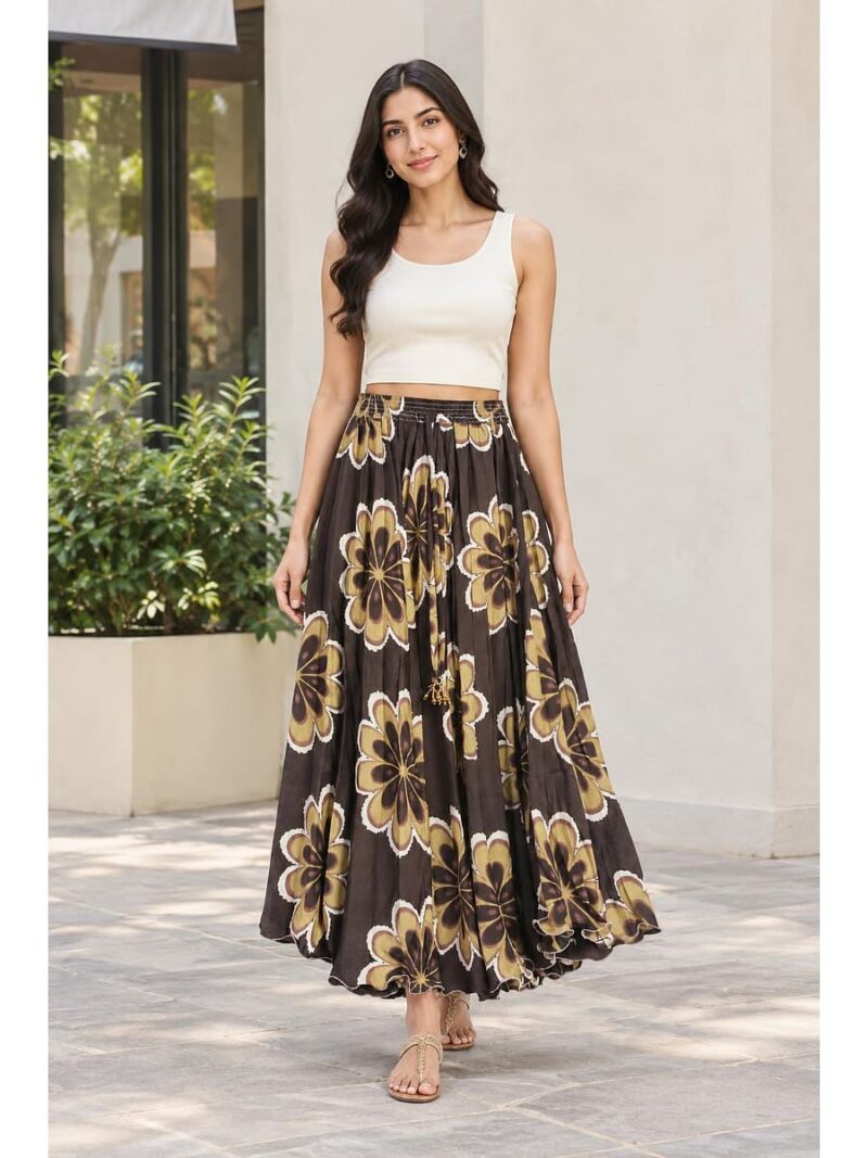 Women's Satin Floral Flared Skirt - Coffee