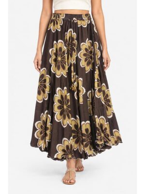Women's Satin Floral Flared Skirt - Coffee