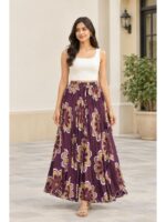 Women's Satin Floral Flared Skirt - Purple