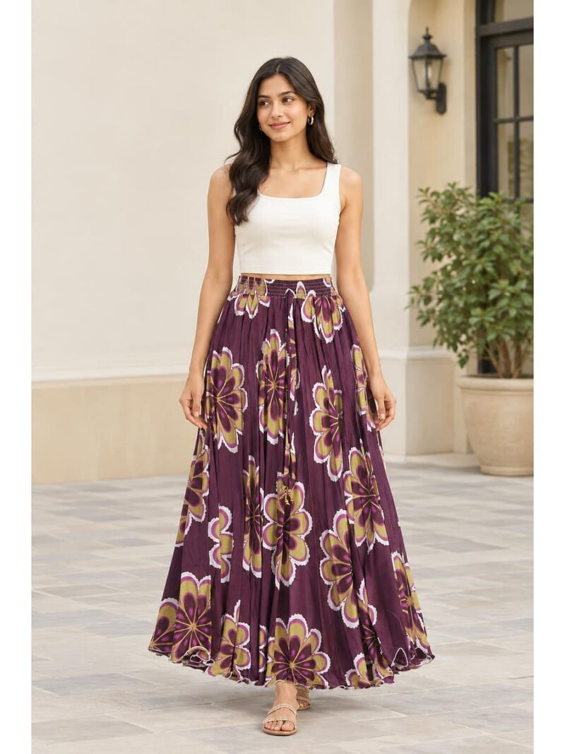 Women's Satin Floral Flared Skirt - Purple