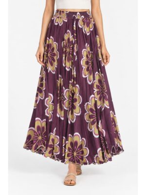 Women's Satin Floral Flared Skirt - Purple