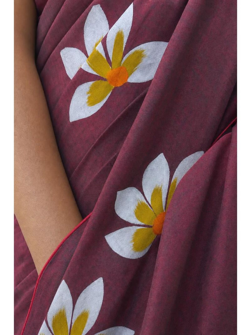 Women's Mul Cotton Hand Painted Floral Saree - Maroon