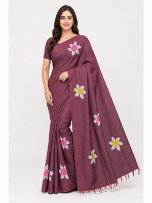 Women's Mul Cotton Hand Painted Floral Saree - Maroon