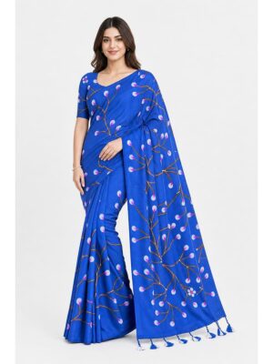 Women's Mul Cotton Saree ,Hand Painted - Royal Blue