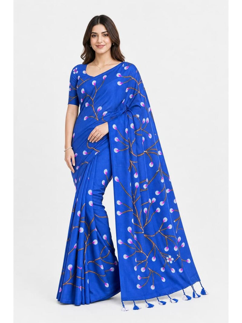 W-SR-506-02-RB-f Women's Mul Cotton Saree ,Hand Painted - Royal Blue