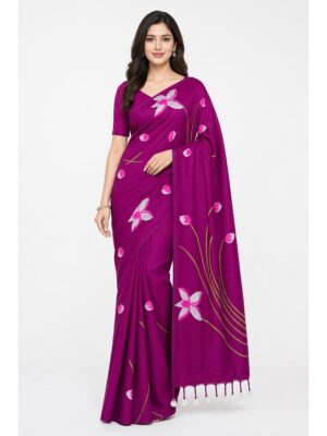 Women's Mul Cotton Saree ,Hand Painted - Cerise