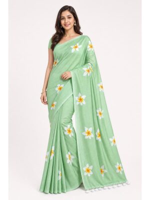 Women's Mul Cotton Saree ,Hand Painted - Mint Green