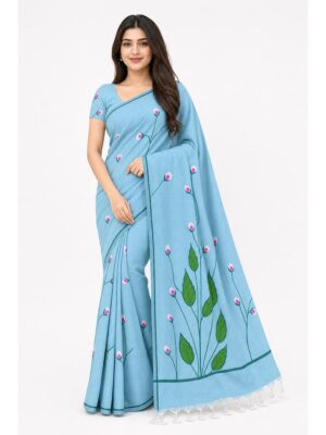Women's Mul Mul Cotton Saree, Hand Painted - Sky Blue