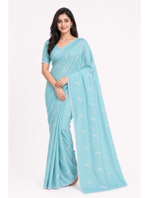 Women's Kota Saree, Embroidery Work-Sky Blue