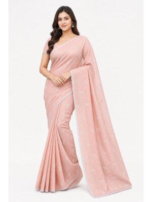 Women's Kota Cotton Saree, Embroidery Work - Peach